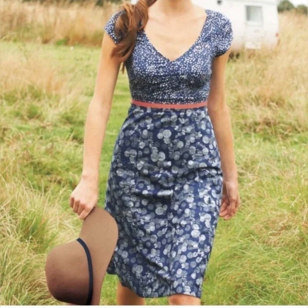 Boden Navy Floral Mini Dress with Pink Waistband